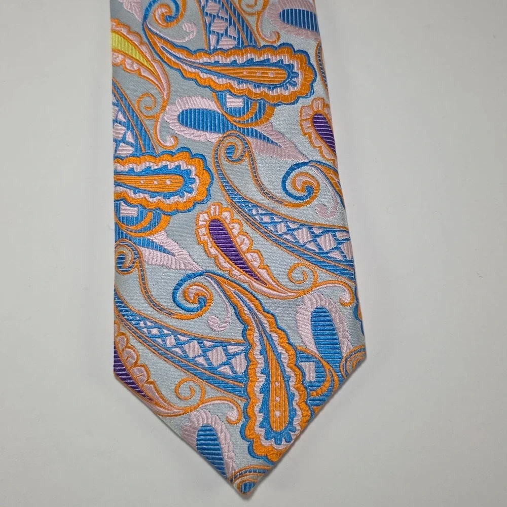 Krimson by Kwame Silk Tie Silver Orange Blue Paisley Made USA Mens Long Necktie